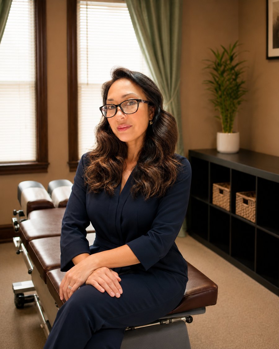 Dr. Kelly Cao seated in the treatment room at Healing Hands