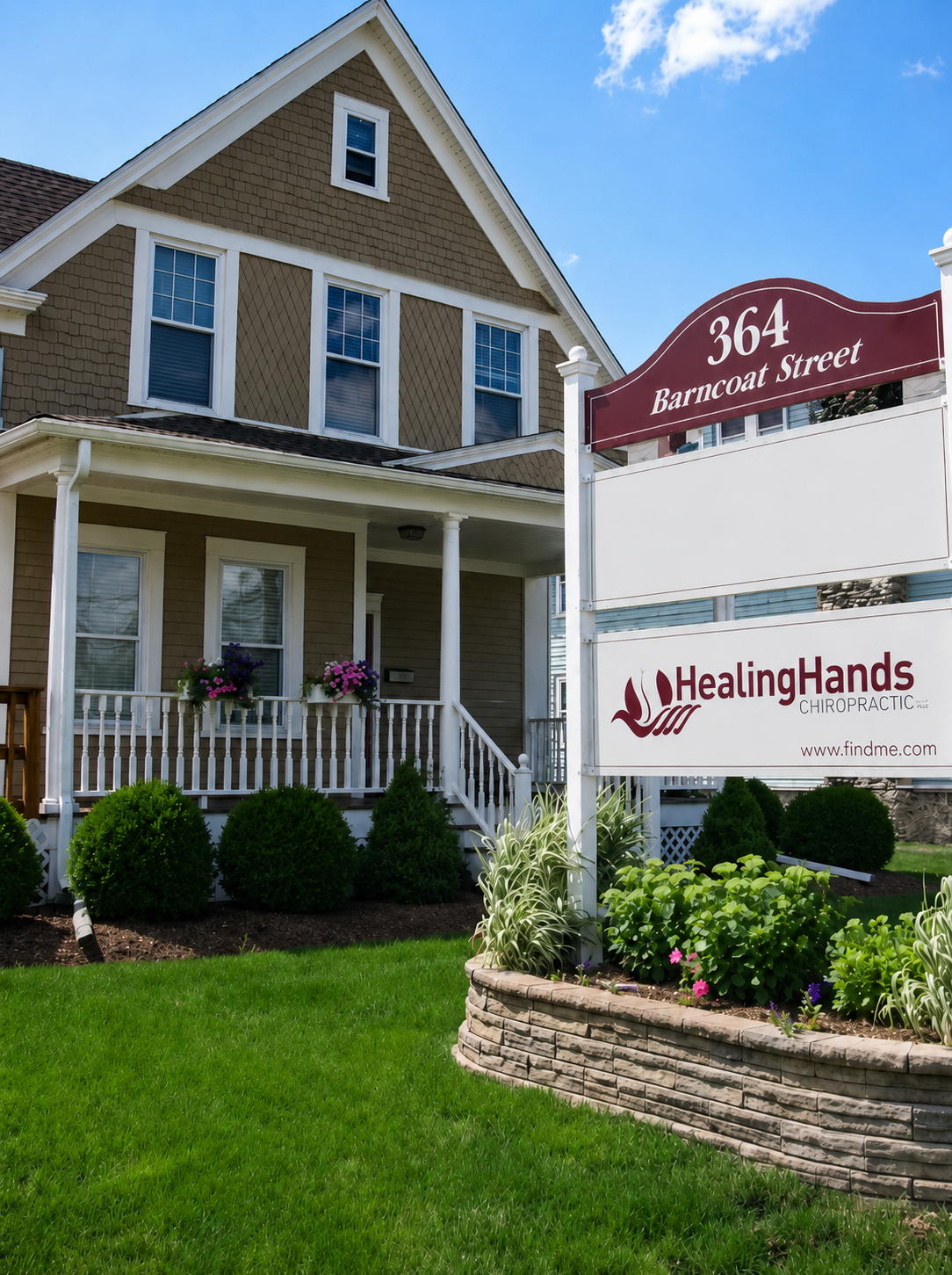 The Healing Hands Chiropractic office at 364 Burncoat Street in Worcester, with welcoming front porch and signage