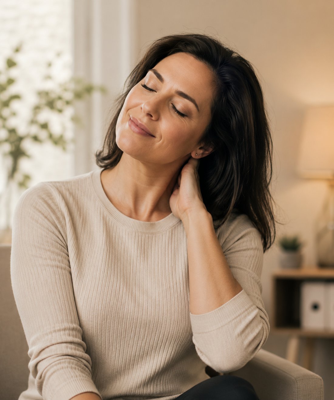 A patient with whiplash discomfort in a warm, natural-lit home setting
