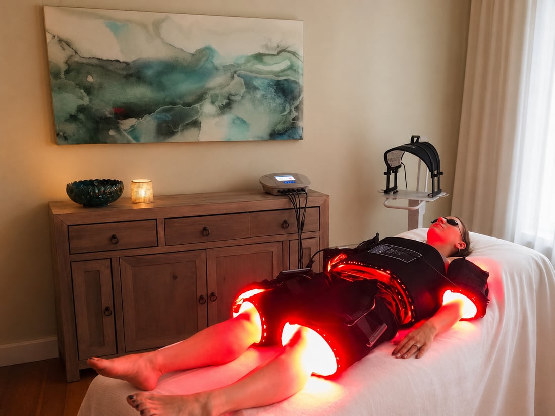 A patient receiving non-invasive red light body contouring treatment at Healing Hands in Worcester