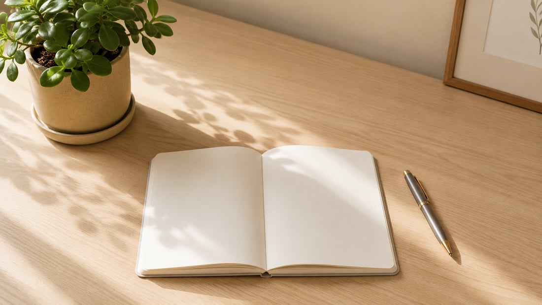 An open notebook on a sunlit wooden desk with a plant beside it at the Healing Hands front office