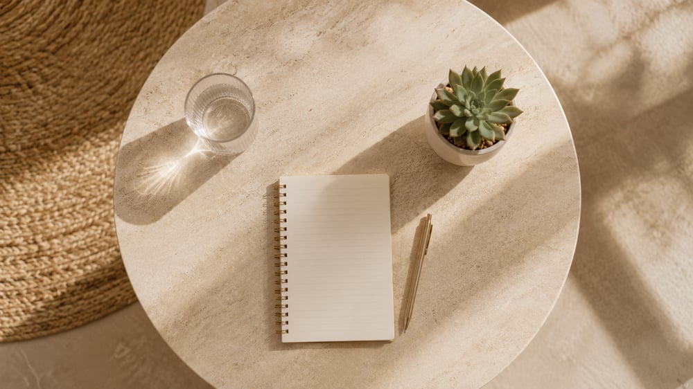 A simple morning ritual - water, a notebook, and a small succulent on a warm table in natural light