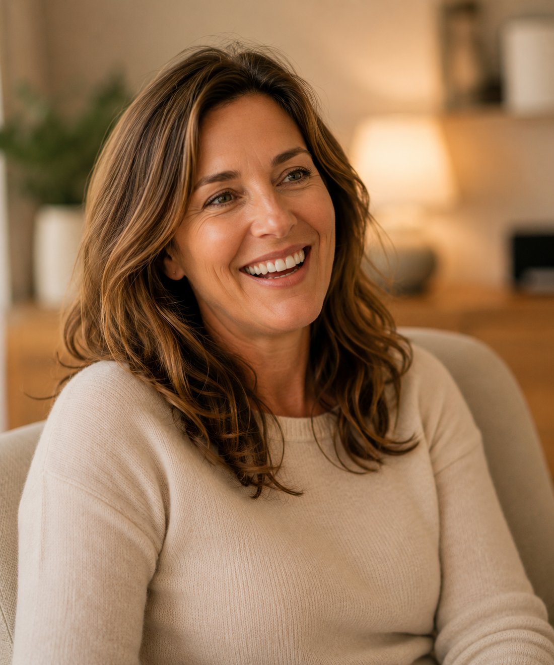 A Healing Hands patient sharing her weight loss journey at home in warm natural light