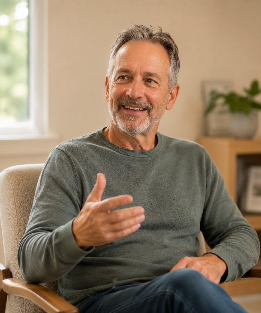 A Healing Hands patient sharing his story in conversation, warm natural light