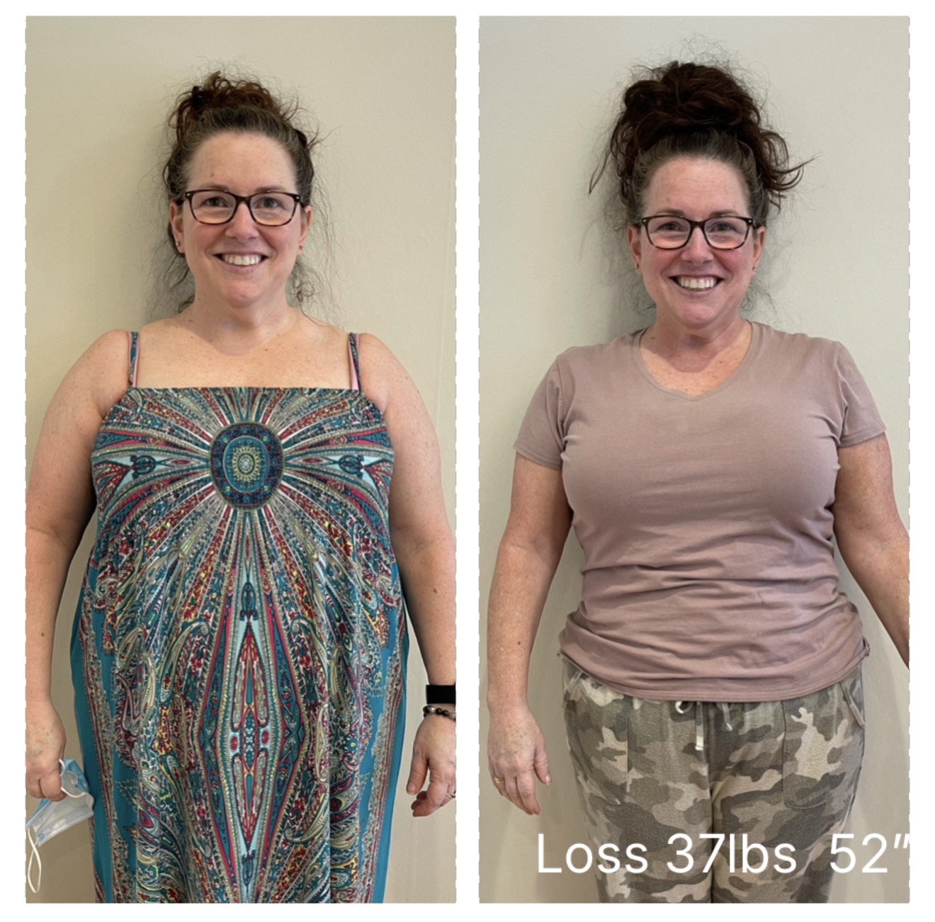 Before and after weight loss photos showing Maria S., who lost 44 lbs and 42 inches on the ChiroThin Program