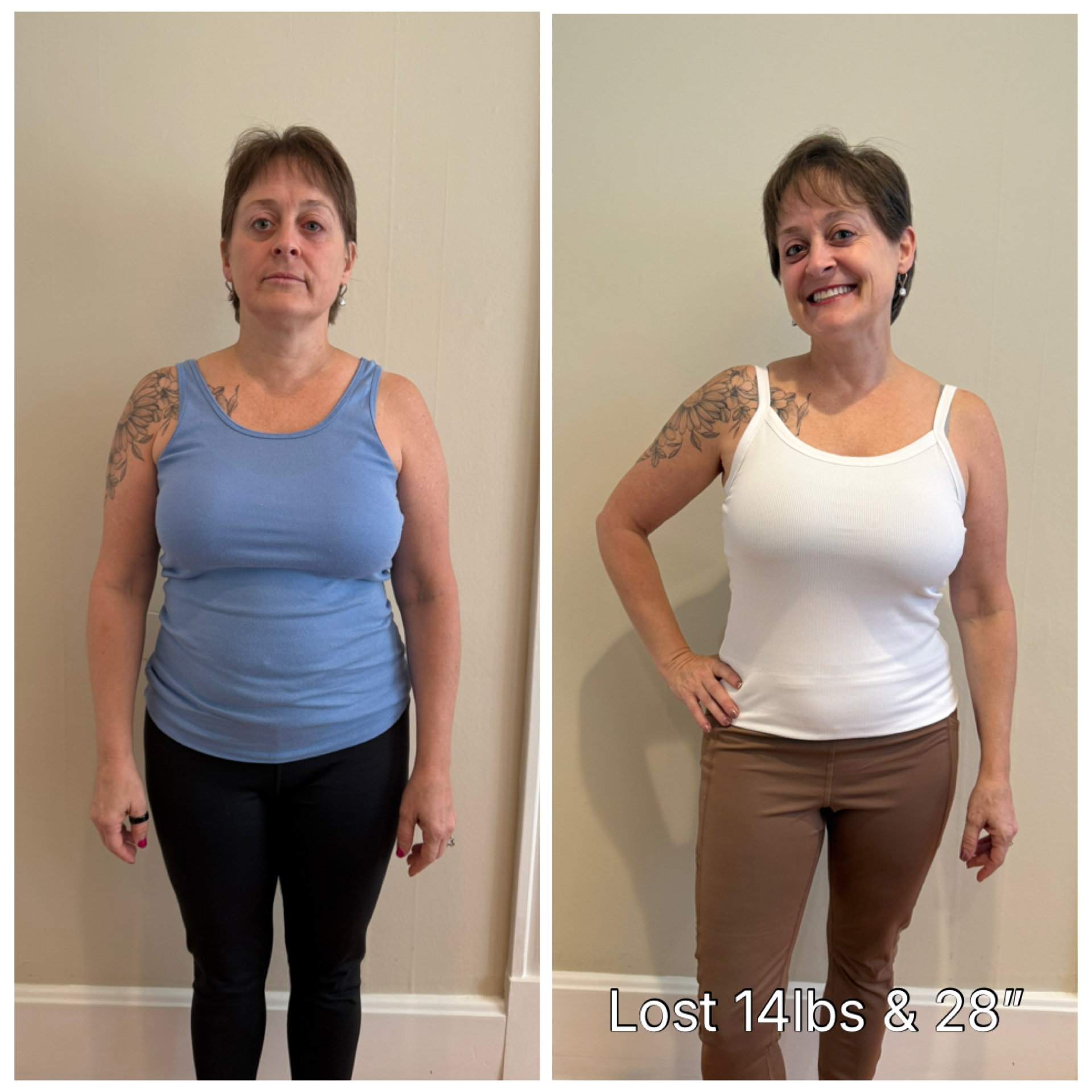 Before and after weight loss photos showing Kevin L., who lost 14 lbs and 28 inches on GLP Weight Loss
