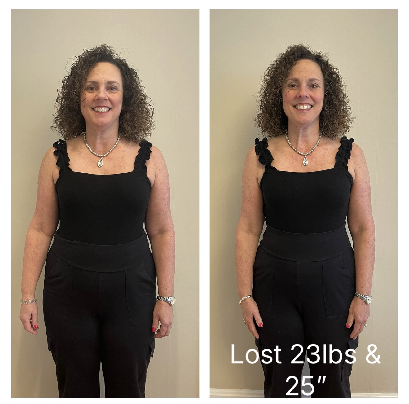 Before and after weight loss photos showing Tina H., who lost 37 lbs and 52 inches with Body Contouring